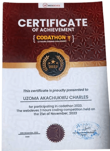webdeves certificate participation in the 2023 codathon